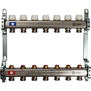 Коллекторная группа STOUT - 1' на 7 контуров 3/4' (нерж.сталь, с вентилями)