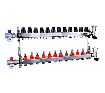 Коллекторная группа TIM - 1' на 12 контуров 3/4' (нерж. сталь с расходомерами, полный комплект)