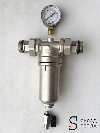 Фильтр промывной с манометром VALFEX - 1/2" (никелированный). Вид 8.
