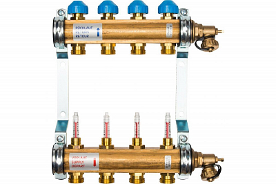 Коллекторная группа WATTS HKV/T - 1'ВР на 4 контуров 3/4'EK (с вентилями и расходомерами, латунь)