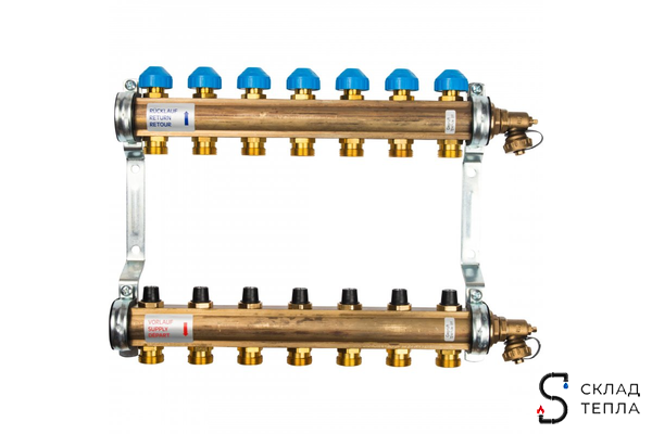 Коллекторная группа WATTS HKV - 1"ВР/ВР на 7 контуров 3/4"EK (с вентилями, латунь). Вид 1.