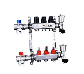 Коллекторная группа TIM - 1' на 3 контура 3/4' (нерж. сталь с расходомерами, полный комплект)