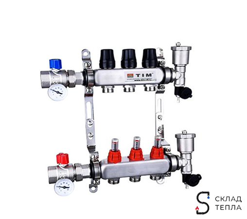 Коллекторная группа TIM - 1" на 3 контура 3/4" (нерж. сталь с расходомерами, полный комплект). Вид 1.