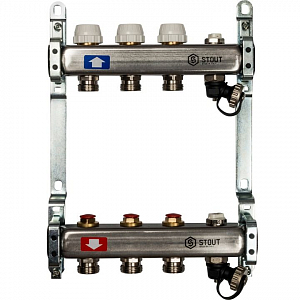 Коллекторная группа STOUT - 1' на 3 контура 3/4' (клапананы, сливные краны, нерж. сталь)