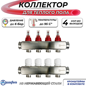 Коллекторная группа Aquasfera-1' на 4 контуров 3/4' (нерж. сталь с расходомерами)