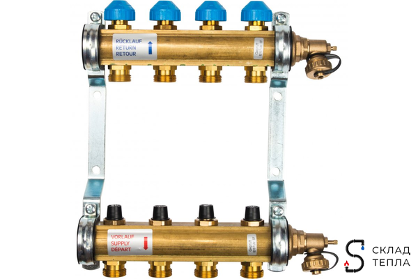 Коллекторная группа WATTS HKV - 1"ВР/ВР на 4 контура 3/4"EK (с вентилями, латунь). Вид 1.