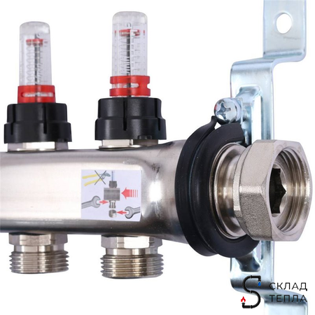 Коллекторная группа Uponor Vario S - 1" на 4 контура 3/4" (расходомеры, клапаны, сливные краны). Вид 8.