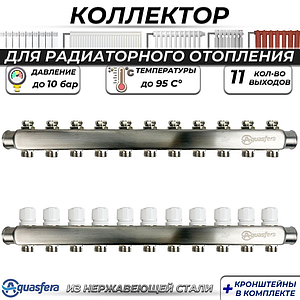 Коллекторная группа Aquasfera 1' на 11 контуров 3/4' (нерж. сталь)