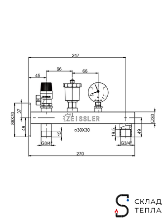 Группа безопасности котла с креплением Zeissler - 3/4" (до 50 кВт, 3 бар). Вид 3.