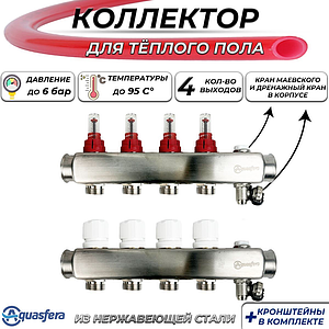 Коллекторная группа Aquasfera-1' на 4 контуров 3/4' (нерж. сталь с расходомерами и сливными кранами)