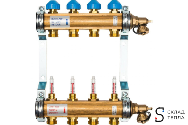 Коллекторная группа WATTS HKV/T - 1"ВР на 4 контуров 3/4"EK (с вентилями и расходомерами, латунь). Вид 1.
