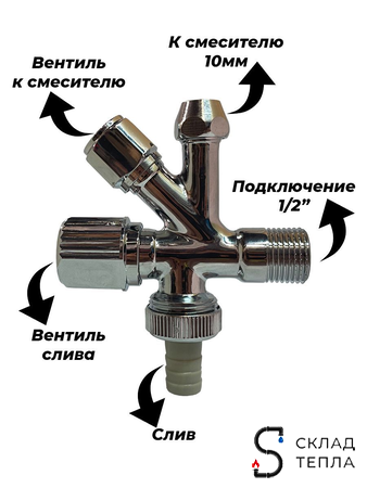 Вентиль угловой комбинированный TIM - 1/2" х 10мм (НР, с отражателем, хромированный). Вид 5.