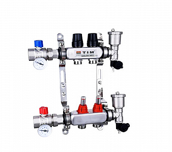 Коллекторная группа TIM - 1' на 2 контура 3/4' (нерж. сталь с расходомерами, полный комплект)