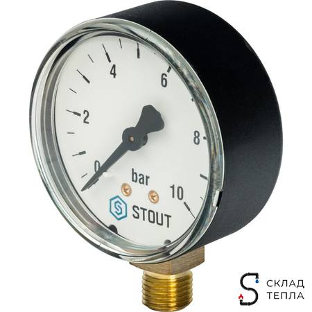 Манометр радиальный STOUT - 1/2" (D100 мм, шкала 0-10 бар). Вид 1.
