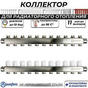Коллекторная группа Aquasfera 1' на 11 контуров 3/4' (нерж. сталь)