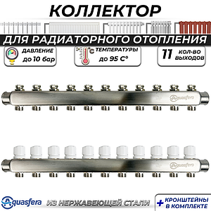 Коллекторная группа Aquasfera 1' на 11 контуров 3/4' (нерж. сталь)