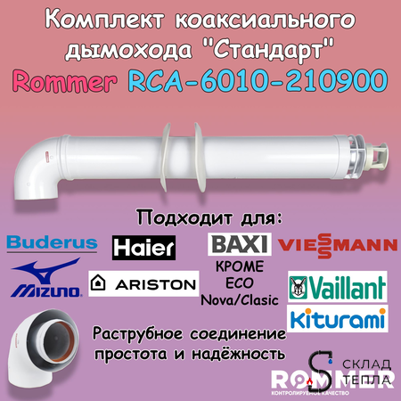 Комплект дымохода Rommer СТАНДАРТ 60/100 - 900мм (Baxi (кроме ECO Nova/Classic), Ariston, Vaillant). Вид 1.