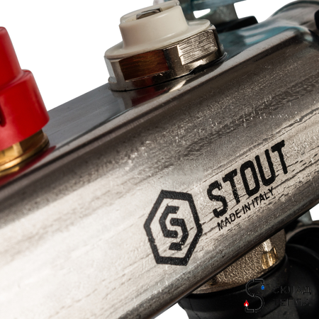 Коллекторная группа STOUT - 1" на 3 контура 3/4" (расходомеры, клапананы, сливные краны). Вид 7.