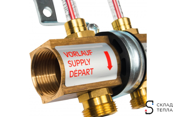 Коллекторная группа WATTS HKV/T - 1"ВР на 2 контуров 3/4"EK (с вентилями и расходомерами, латунь). Вид 3.