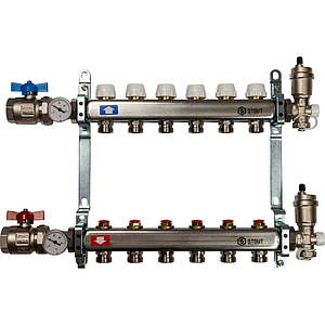 Коллекторная группа в сборе STOUT - 1' на 6 контуров 3/4' (нерж.сталь, с вентилями)