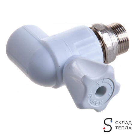 Кран шаровой для радиатора угловой VALFEX - 25 x 1/2" (Пайка/НР, для полипропиленовых труб, белый). Вид 7.