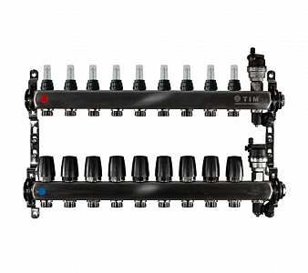 Коллекторная группа TIM - 1' на 9 контуров 3/4' (нерж. сталь с расходомерами и сливными кранами)