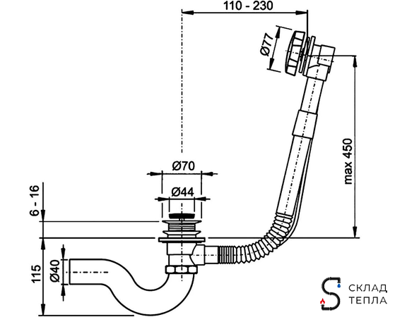 Обвязка для ванны TIM полуавтомат, латунная. Вид 2.