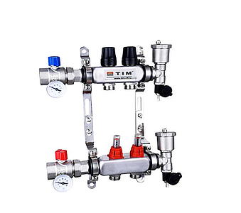 Коллекторная группа TIM - 1' на 2 контура 3/4' (нерж. сталь с расходомерами, полный комплект)