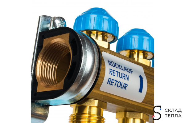 Коллекторная группа WATTS HKV/T - 1"ВР на 3 контуров 3/4"EK (с вентилями и расходомерами, латунь). Вид 2.