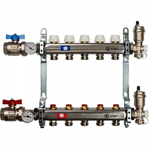Коллекторная группа в сборе STOUT - 1' на 5 контуров 3/4' (нерж.сталь, с вентилями)