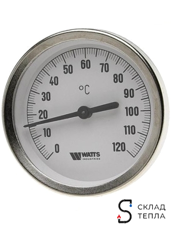 Термометр аксиальный WATTS F+R801 OR - 1/2" (D-100 мм, шкала 0-120°C, гильза 100 мм). Вид 1.