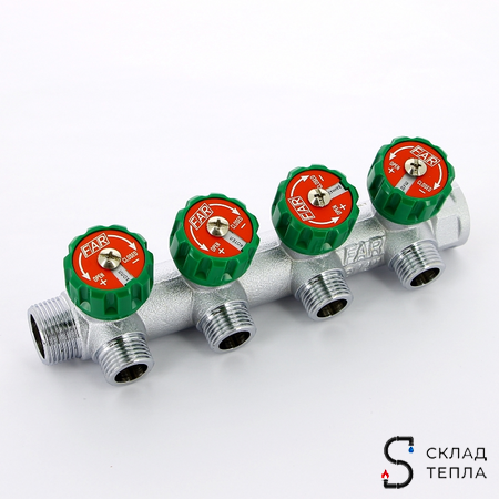 Коллектор FAR MULTIFAR 3824 - 1"(НР/ВР) на 4 контура 3/4"(плоское упл.). Вид 1.