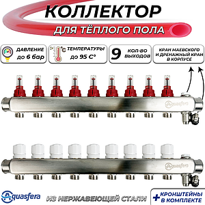 Коллекторная группа Aquasfera-1' на 9 контуров 3/4' (нерж. сталь с расходомерами и сливными кранами)