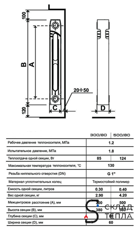 Радиатор чугун 300 мм Ogint 1 секция. Вид 2.