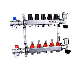 Коллекторная группа TIM - 1' на 5 контуров 3/4' (нерж. сталь с расходомерами, полный комплект)