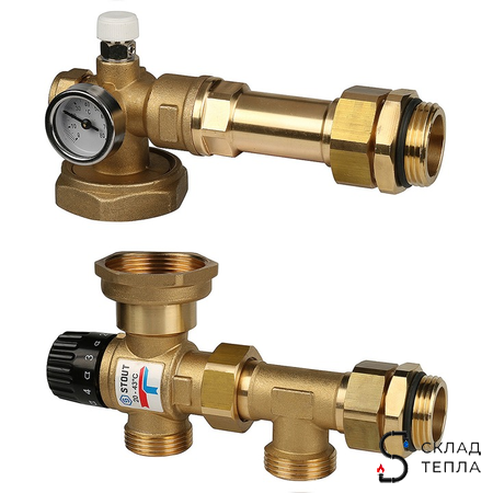 Насосно-смесительный узел STOUT - 1" (с термостатическим клапаном 20-43°C, без насоса)*. Вид 1.