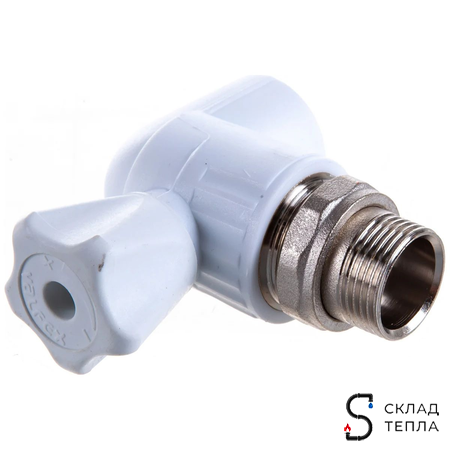 Кран шаровой для радиатора угловой VALFEX - 25 x 1/2" (Пайка/НР, для полипропиленовых труб, белый). Вид 6.