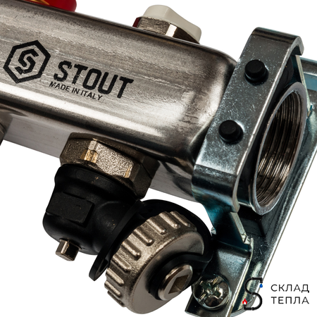Коллекторная группа STOUT - 1" на 2 контура 3/4" (расходомеры, клапананы, сливные краны). Вид 5.