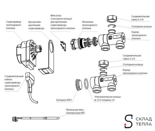Комплект 3-х ходового клапана  для котла универсальный Thermex dLine U. Вид 16.