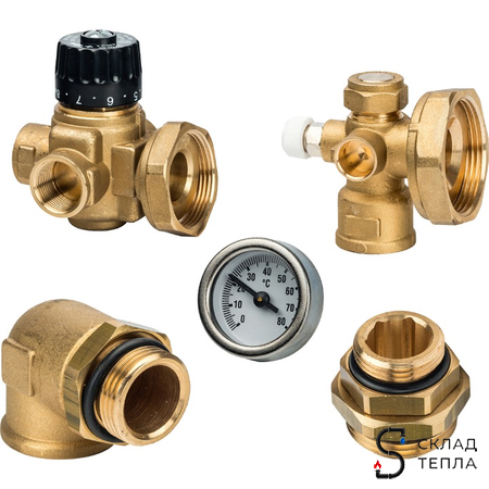 Насосно-смесительный узел STOUT - 1" (с термостатическим клапаном 30-60°C, без насоса, латунный)*. Вид 3.