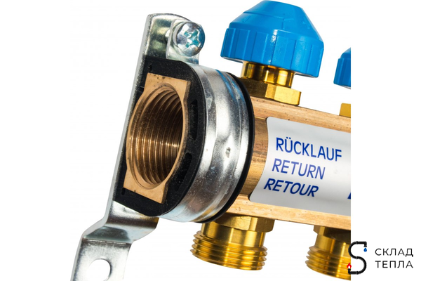 Коллекторная группа WATTS HKV - 1"ВР/ВР на 7 контуров 3/4"EK (с вентилями, латунь). Вид 2.