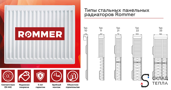 Радиатор панельный ROMMER Compact тип 21 - 300x1100 мм (подкл.боковое). Вид 6.