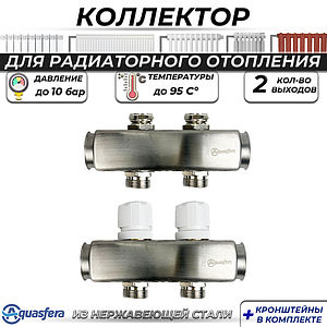 Коллекторная группа Aquasfera 1' на 2 контура 3/4' (нерж. сталь)