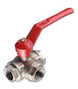 Кран шаровой трехходовой ITAP 128 - 3/4' (ВР/ВР/ВР, PN50, T-образный шар, ручка-рычаг красная)