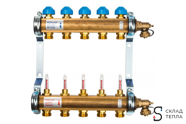 Коллекторная группа WATTS HKV/T - 1"ВР на 5 контуров 3/4"EK (с вентилями и расходомерами, латунь). Вид 1.