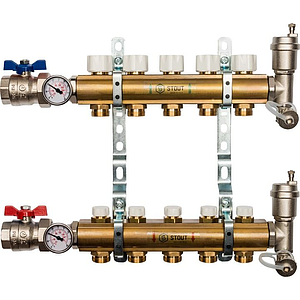 Коллекторная группа в сборе STOUT - 1' на 5 контуров 3/4' (латунь, с вентилями)