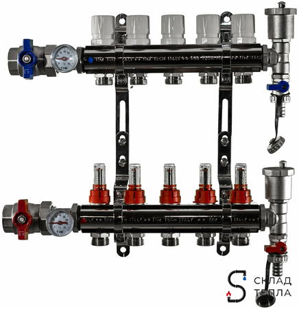 Коллекторная группа с расходомером (ПОЛНЫЙ комплект), 5 выходов. Вид 1.