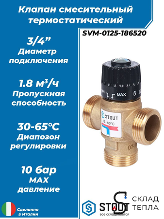 Термостатический смесительный клапан STOUT 3/4" (30°-65°C, KVs 1,8 м³, центральное смешиванивание). Вид 1.