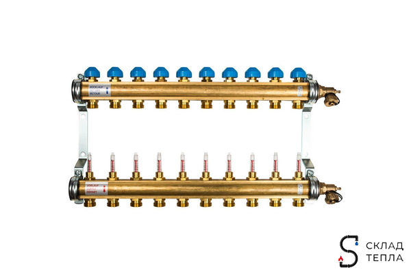 Коллекторная группа WATTS HKV/T - 1"ВР на 10 контуров 3/4"EK (с вентилями и расходомерами, латунь). Вид 1.