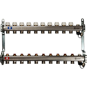 Коллекторная группа STOUT - 1' на 10 контуров 3/4' (клапананы, сливные краны, нерж. сталь)